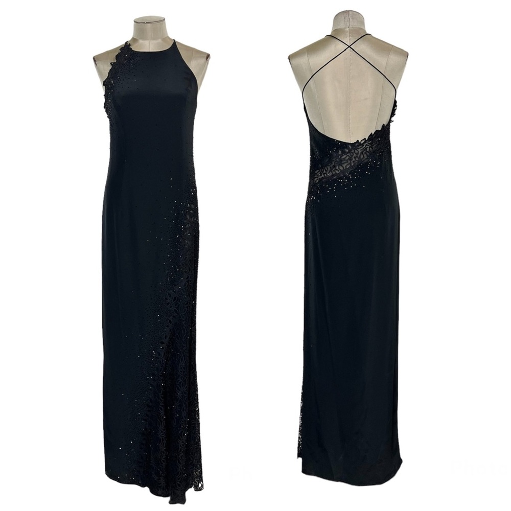 Vintage late 90’s early 2000’s black open back column prom party dress Size 6